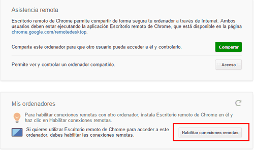 Habilitar conexiones remotas Google Chrome