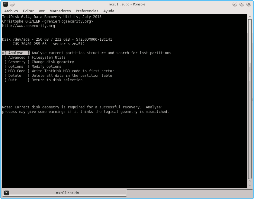 Opciones de recuperación de particiones TestDisk