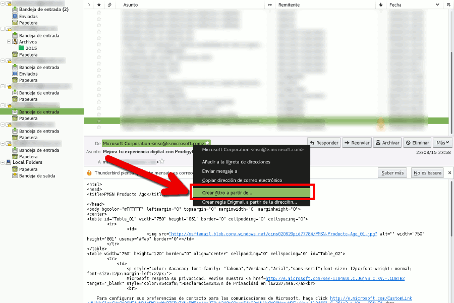 Crear filtros en Thunderbird